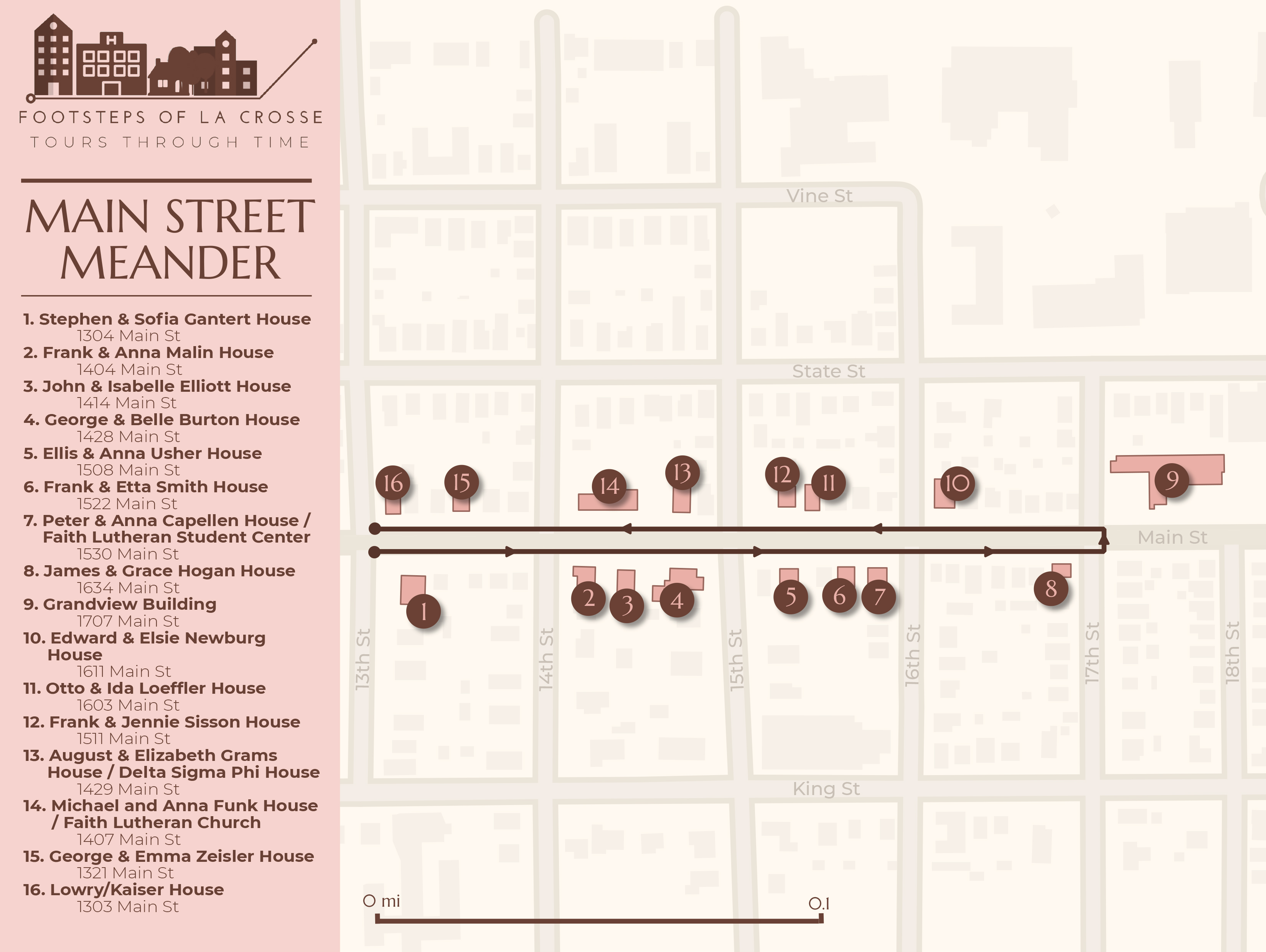 map showing route for main street meander tour