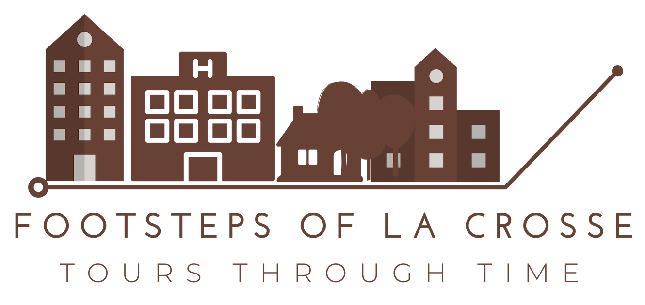 Footsteps logo showing icons of various kinds of buildings and homes over the words Footsteps of La Crosse Tours Through Time