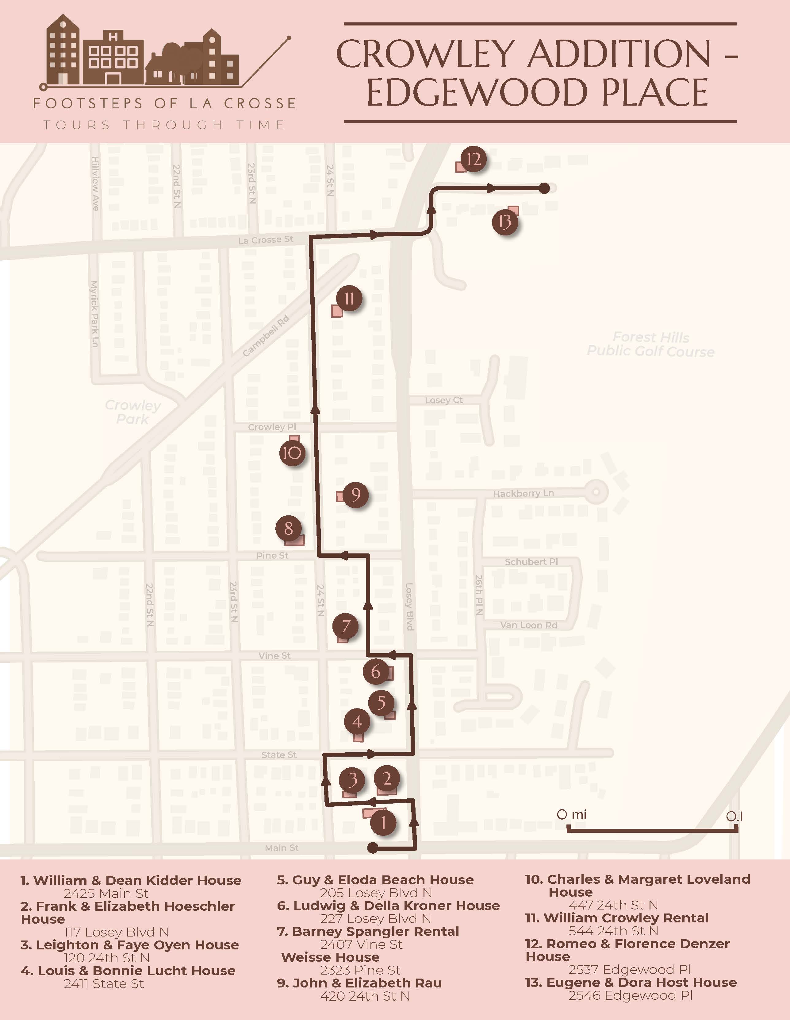 map showing crowley place and edgewood addition with route for tour