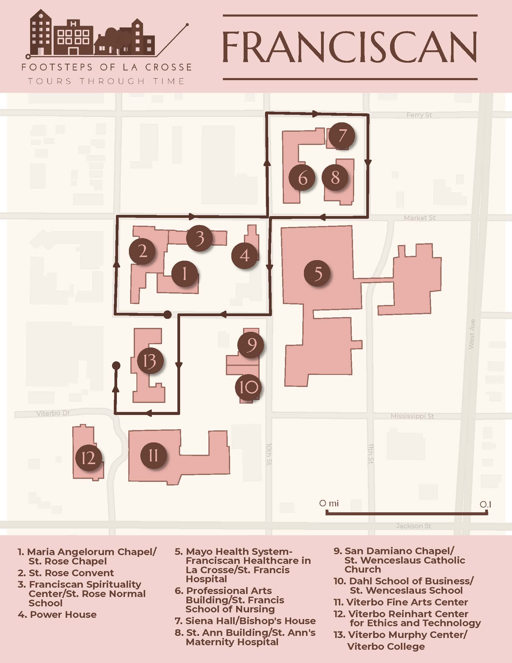 map showing franciscan neighborhood with route for tour