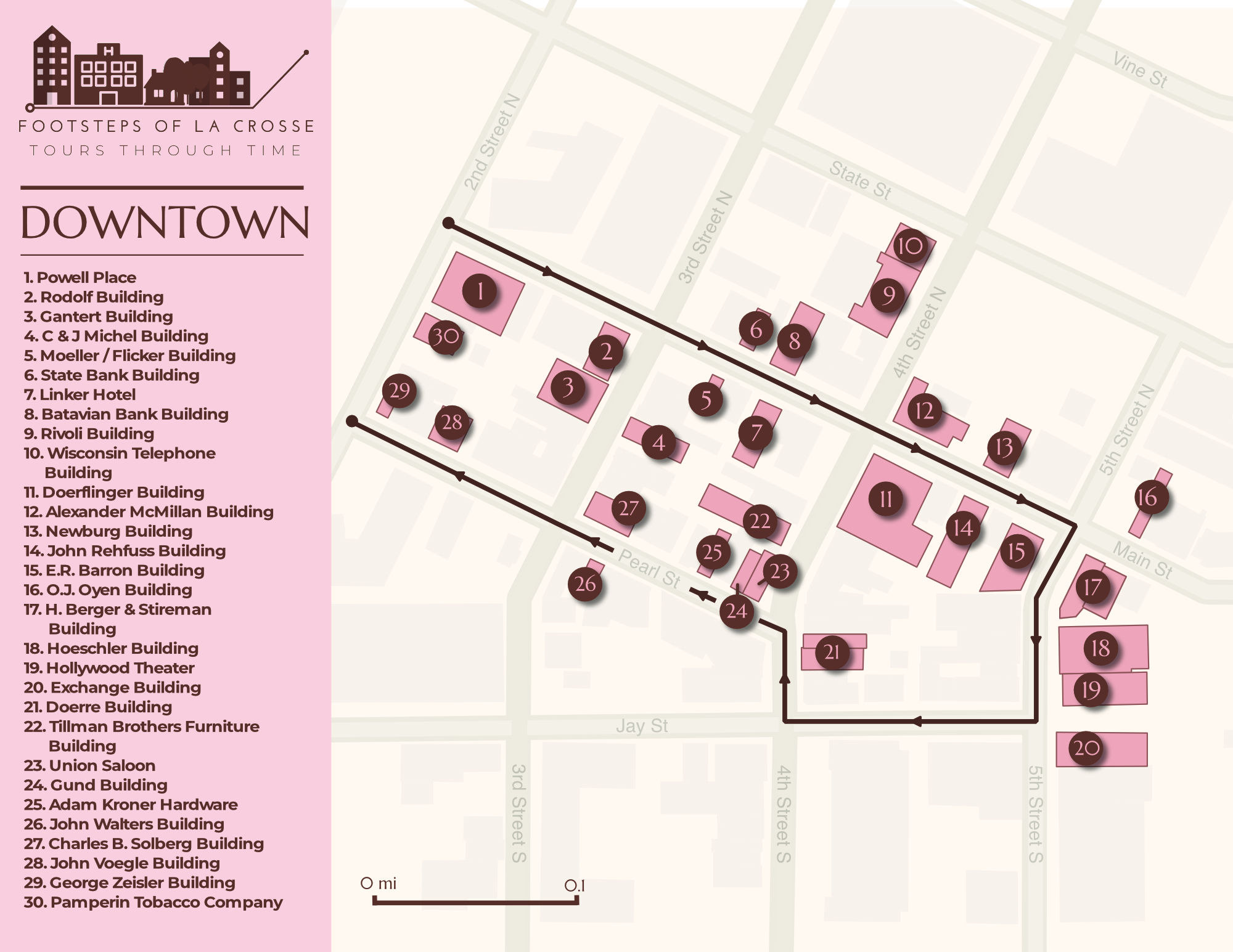 map showing downtown area with route for tour