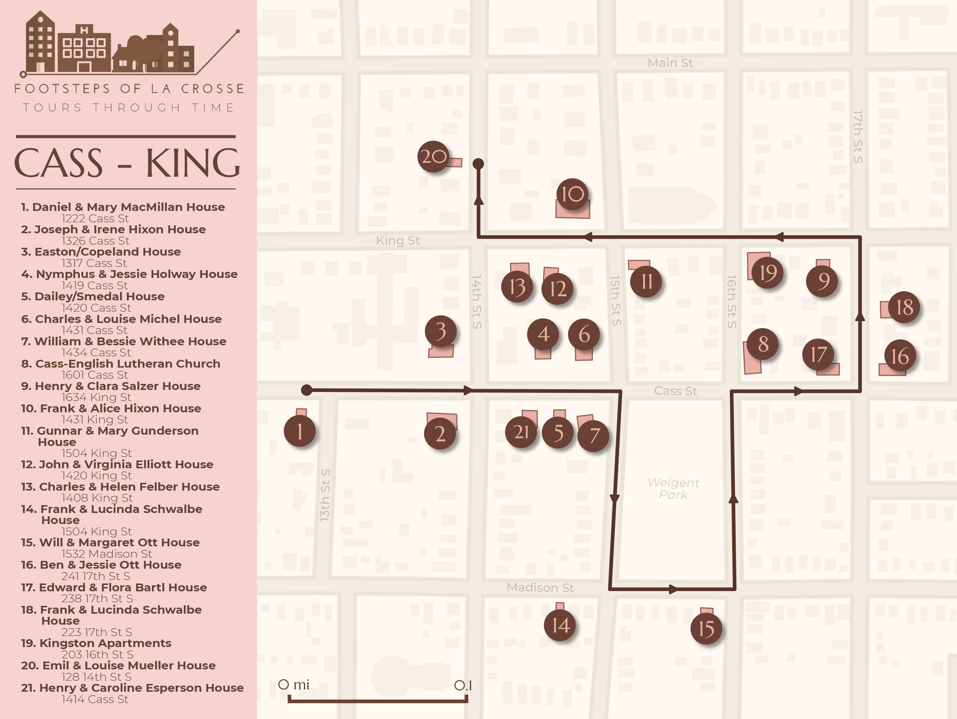 map showing cass and king streets neighborhood with route for tour